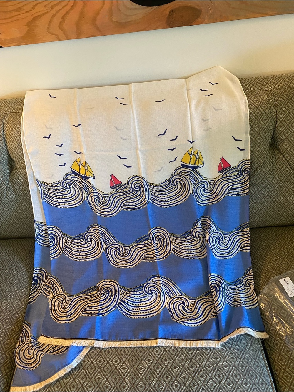 Talbots Blue Printed Scarf with Cream Fringe